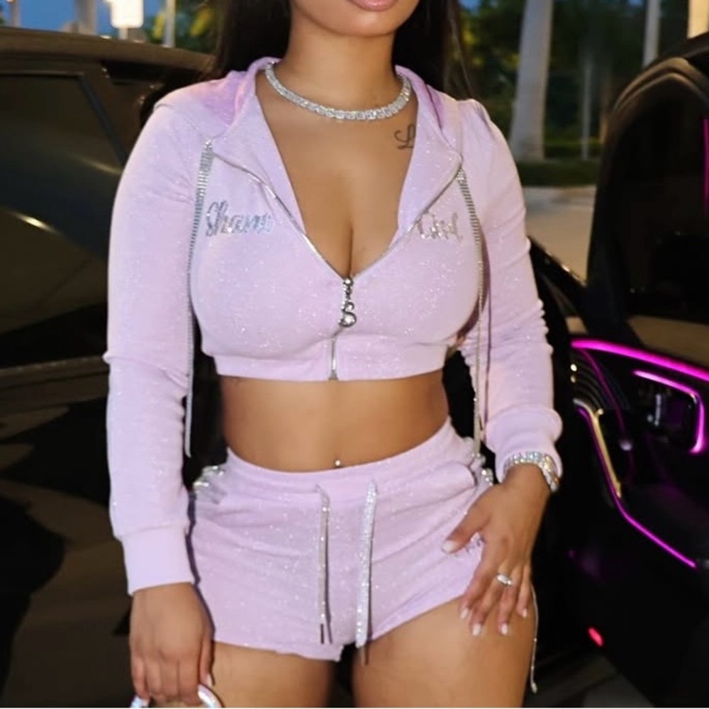 Shane Justin Sparkling Purple Zip-Up Hoodie and Short Set